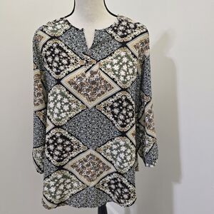 INDIGO SOUL size Large Floral Geometric Peasant‎ Boho Blouse Colorful